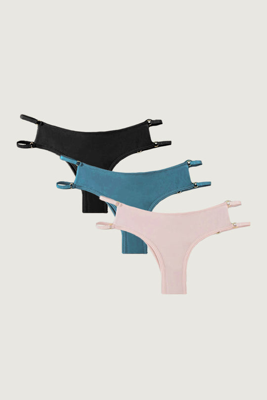 柔絲・輕奢緞面丁字褲 3 件組 | 香檳粉+琉璃藍+曜石黑