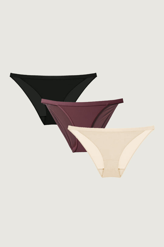 柔亮・比基尼丁字褲 3 件組|黑+酒紅+裸