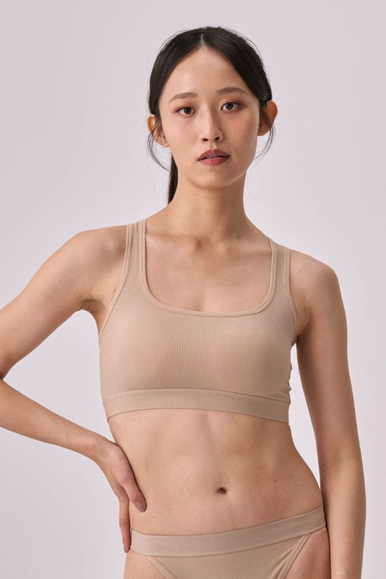 時尚條紋美背 Bra Top ｜淺卡其