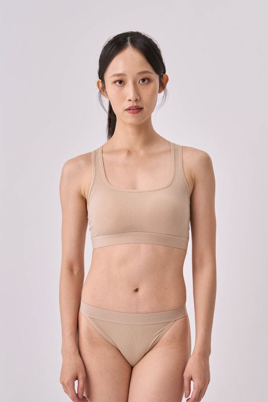 時尚條紋 Bra Top 成套｜淺卡其