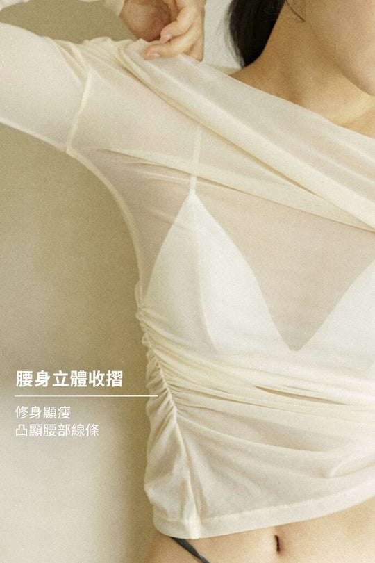 斜領長袖透肌上衣｜白