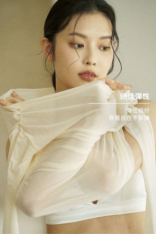 斜領長袖透肌上衣｜白
