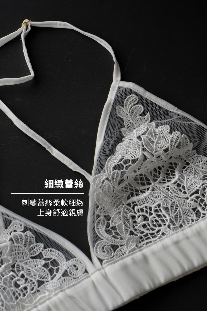 柔絲・法式蕾絲美背三角杯 成套｜月白