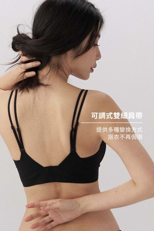 柔亮・輕紗拼接雙肩帶三角杯｜純黑