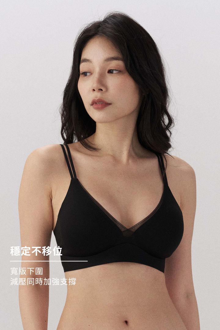 柔亮・輕紗拼接雙肩帶三角杯｜純黑